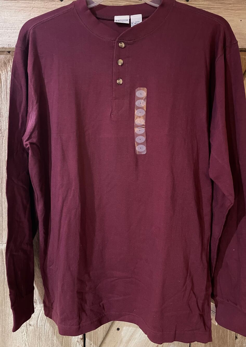 NWT Whitefish Bay Mens Size L Large Maroon Henley T-Shirt 100% Cotton 3 Button